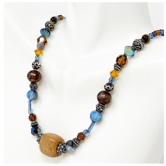 Boho Mixed Bead Necklace w/ Jasper Center & Sterling 925 Clasp Festival Earthy - Picture 1 of 8